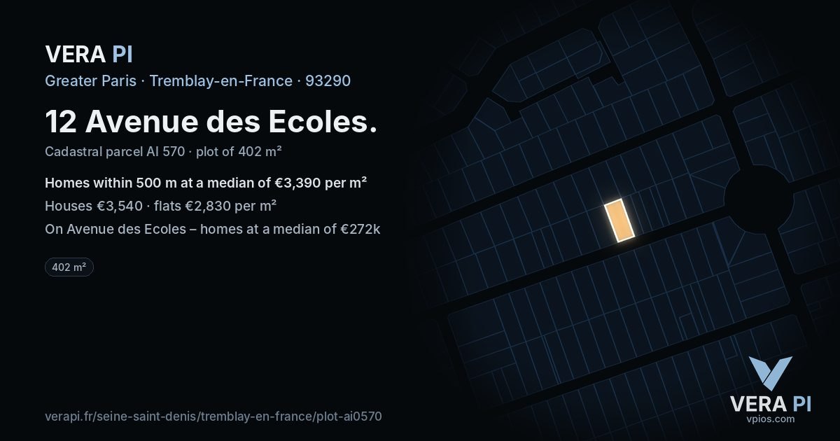 12 Avenue des Ecoles, Tremblay-en-France at night – the plot lit, the parcels around coloured by the prices near them