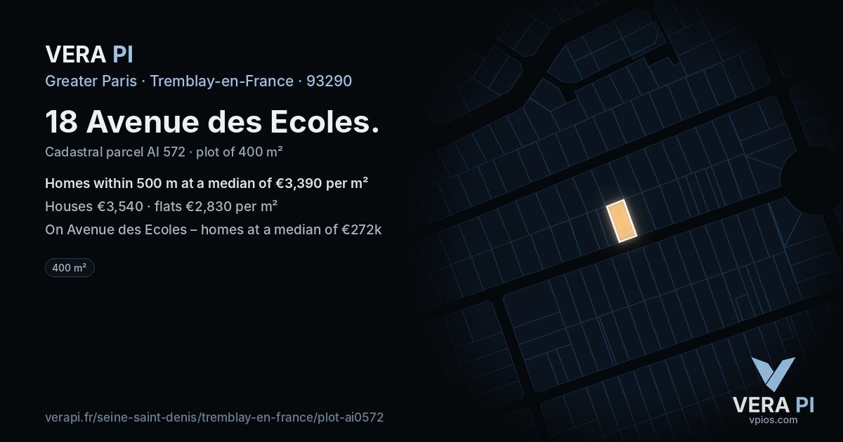 18 Avenue des Ecoles, Tremblay-en-France at night – the plot lit, the parcels around coloured by the prices near them