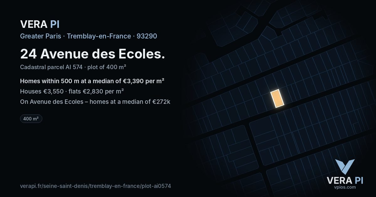 24 Avenue des Ecoles, Tremblay-en-France at night – the plot lit, the parcels around coloured by the prices near them