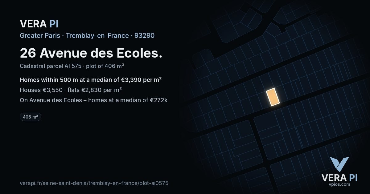 26 Avenue des Ecoles, Tremblay-en-France at night – the plot lit, the parcels around coloured by the prices near them