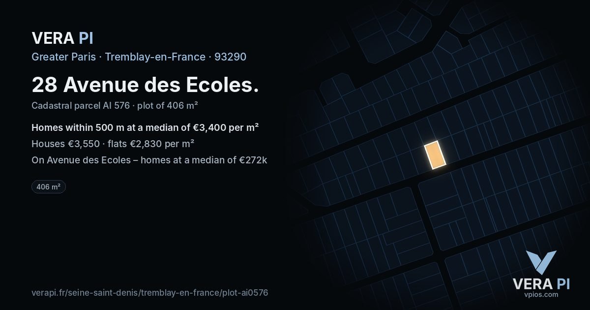 28 Avenue des Ecoles, Tremblay-en-France at night – the plot lit, the parcels around coloured by the prices near them