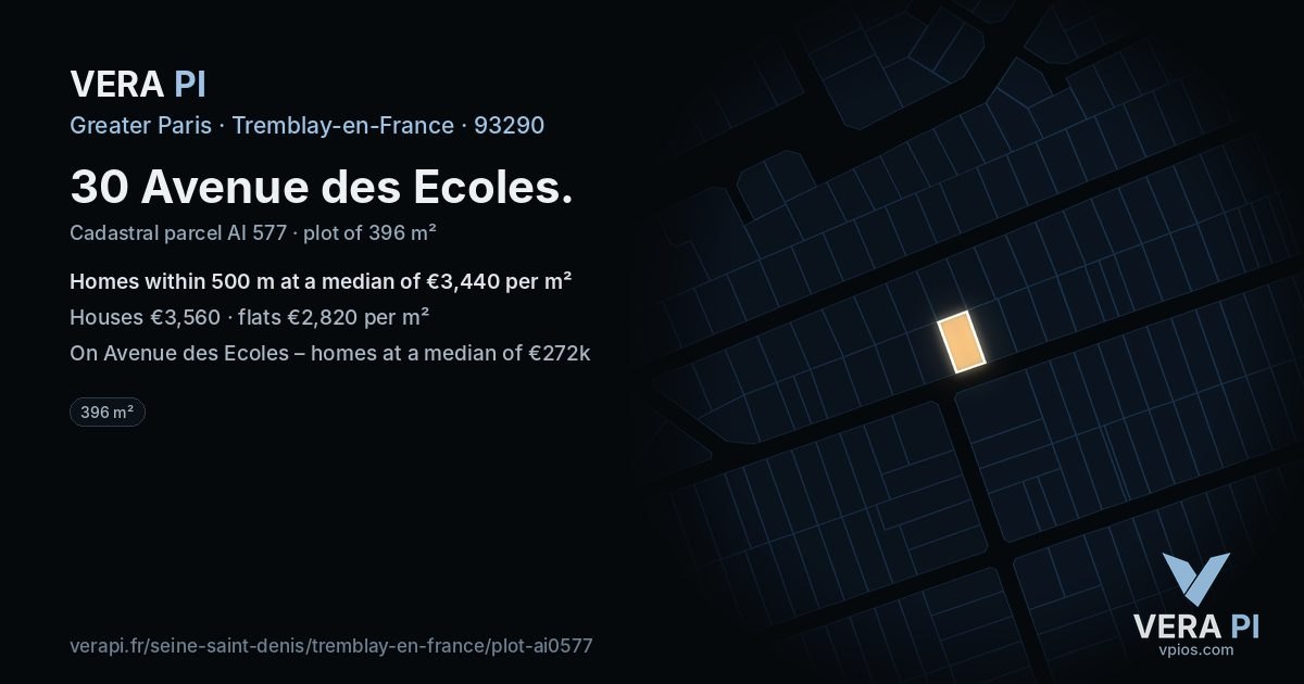 30 Avenue des Ecoles, Tremblay-en-France at night – the plot lit, the parcels around coloured by the prices near them