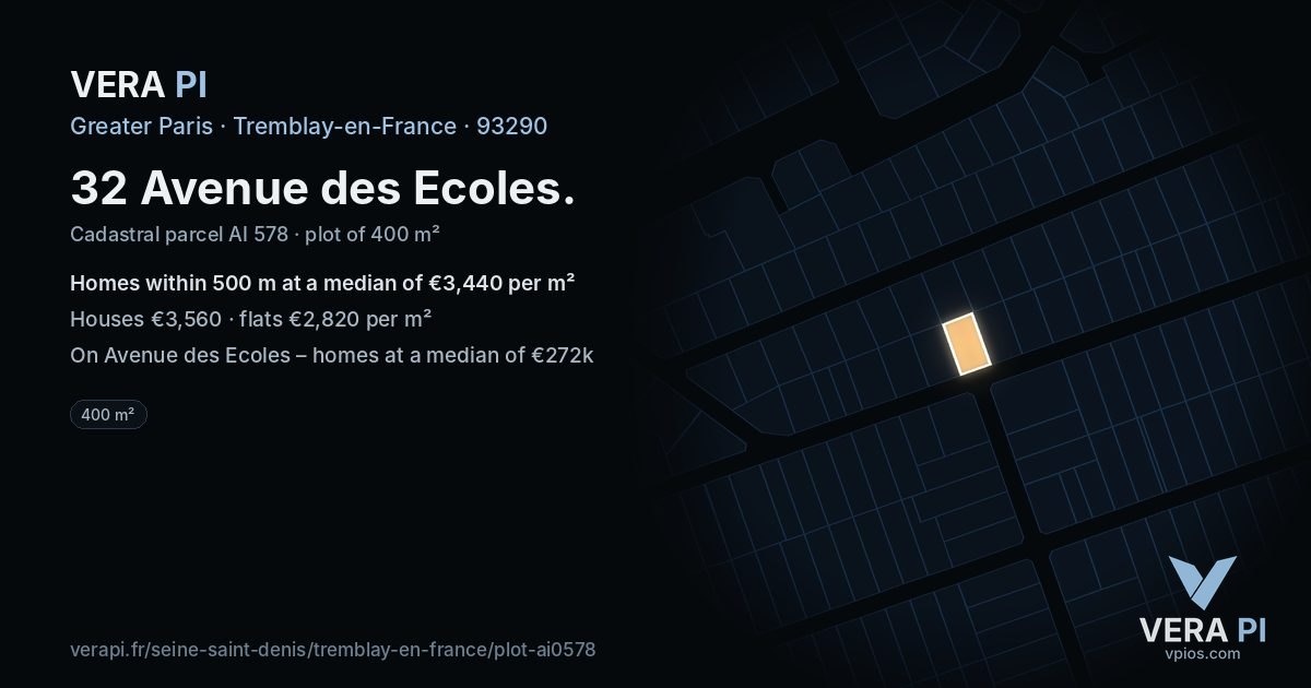 32 Avenue des Ecoles, Tremblay-en-France at night – the plot lit, the parcels around coloured by the prices near them