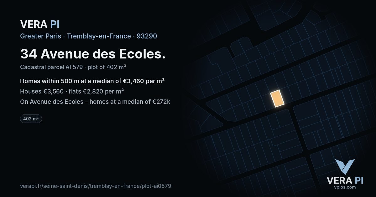 34 Avenue des Ecoles, Tremblay-en-France at night – the plot lit, the parcels around coloured by the prices near them