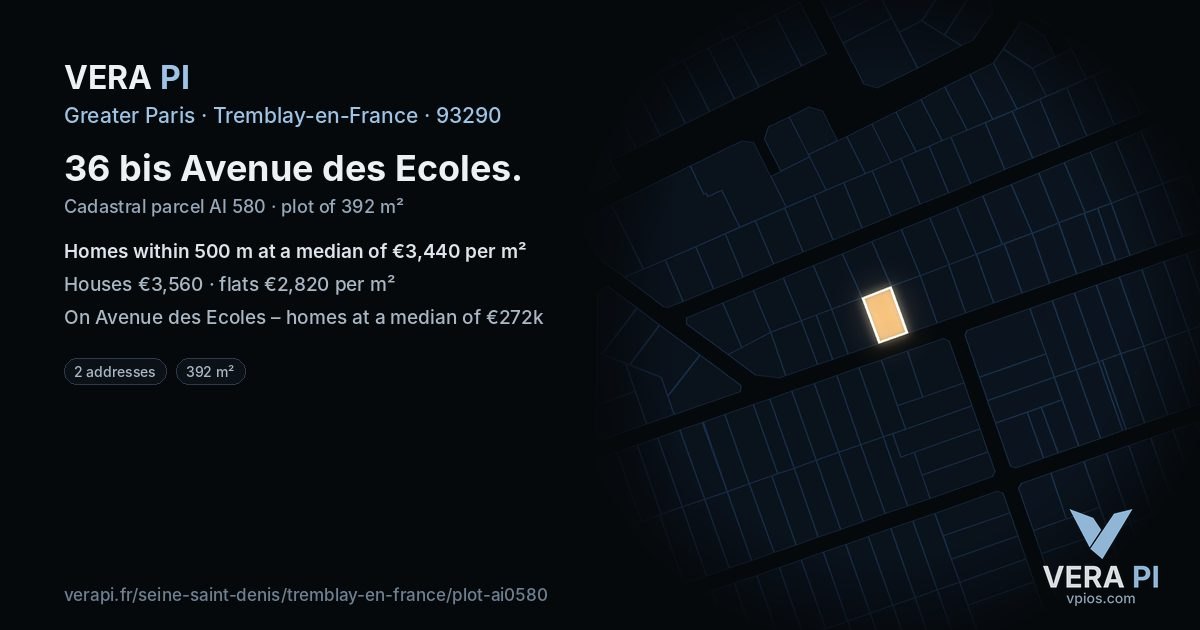 36 bis Avenue des Ecoles, Tremblay-en-France at night – the plot lit, the parcels around coloured by the prices near them