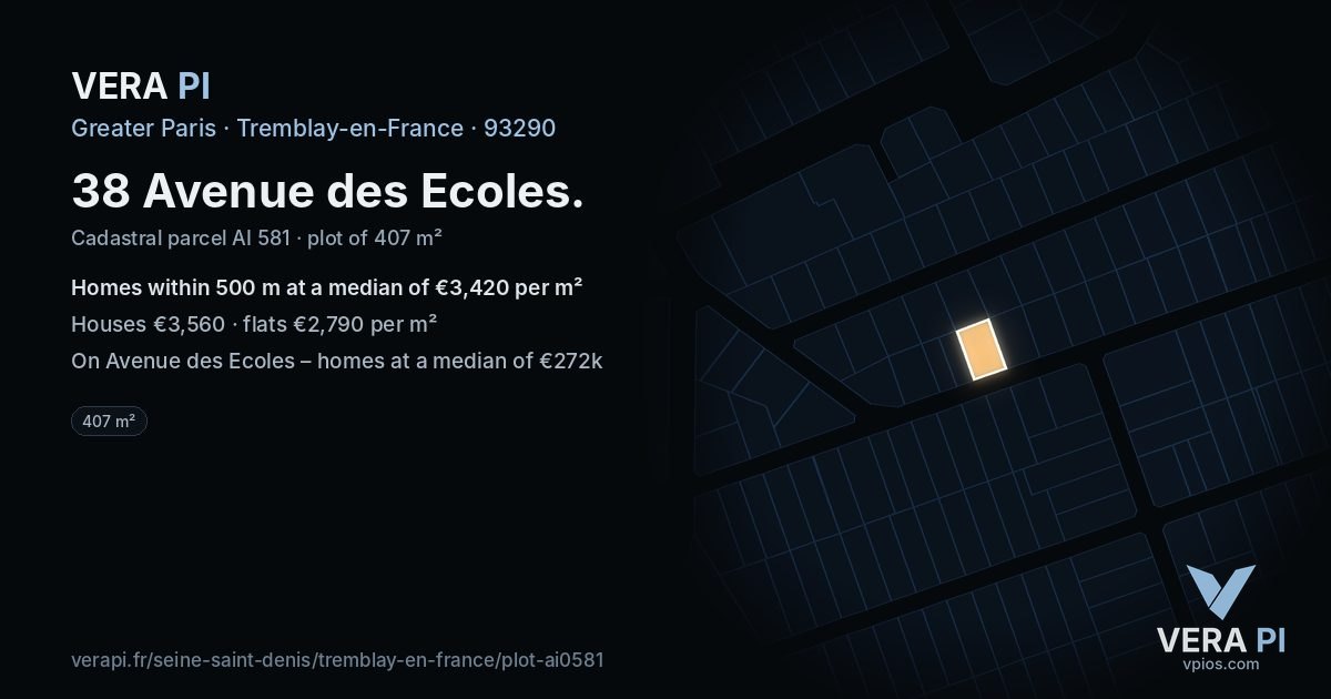 38 Avenue des Ecoles, Tremblay-en-France at night – the plot lit, the parcels around coloured by the prices near them