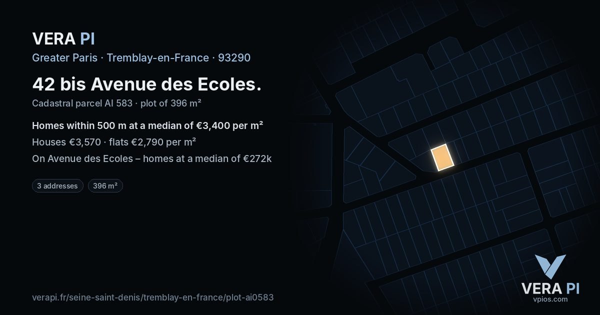 42 bis Avenue des Ecoles, Tremblay-en-France at night – the plot lit, the parcels around coloured by the prices near them