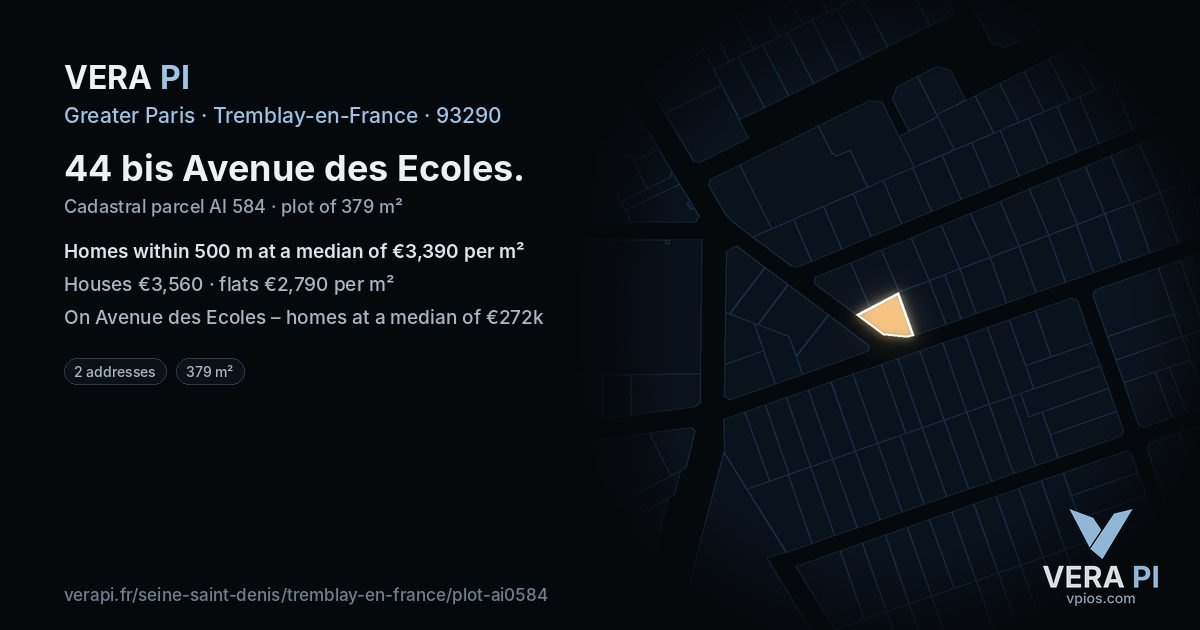 44 bis Avenue des Ecoles, Tremblay-en-France at night – the plot lit, the parcels around coloured by the prices near them