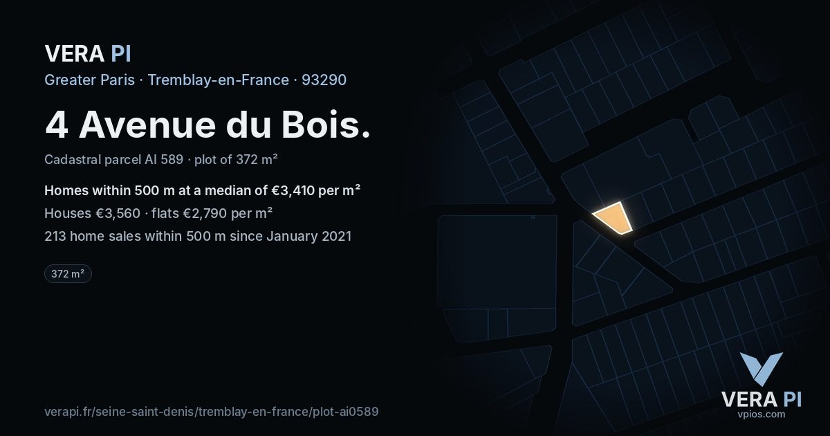 4 Avenue du Bois, Tremblay-en-France at night – the plot lit, the parcels around coloured by the prices near them