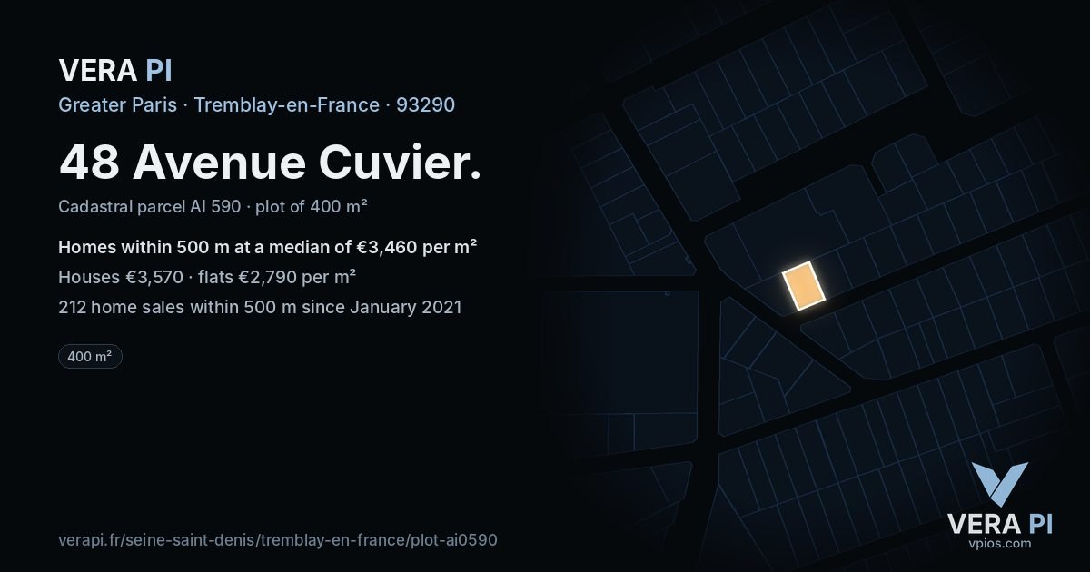48 Avenue Cuvier, Tremblay-en-France at night – the plot lit, the parcels around coloured by the prices near them