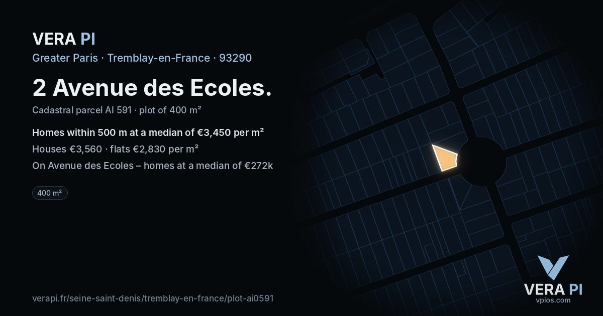 2 Avenue des Ecoles, Tremblay-en-France at night – the plot lit, the parcels around coloured by the prices near them