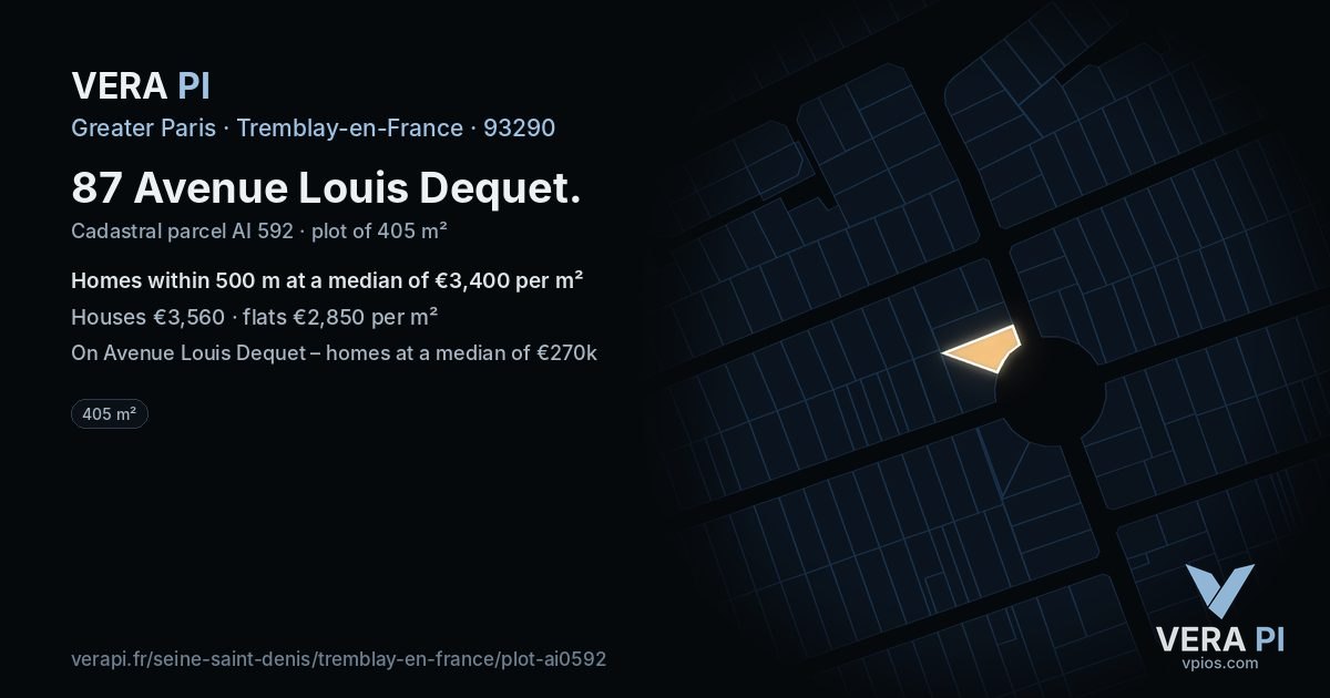 87 Avenue Louis Dequet, Tremblay-en-France at night – the plot lit, the parcels around coloured by the prices near them