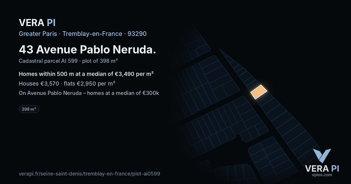 43 Avenue Pablo Neruda, Tremblay-en-France at night – the plot lit, the parcels around coloured by the prices near them