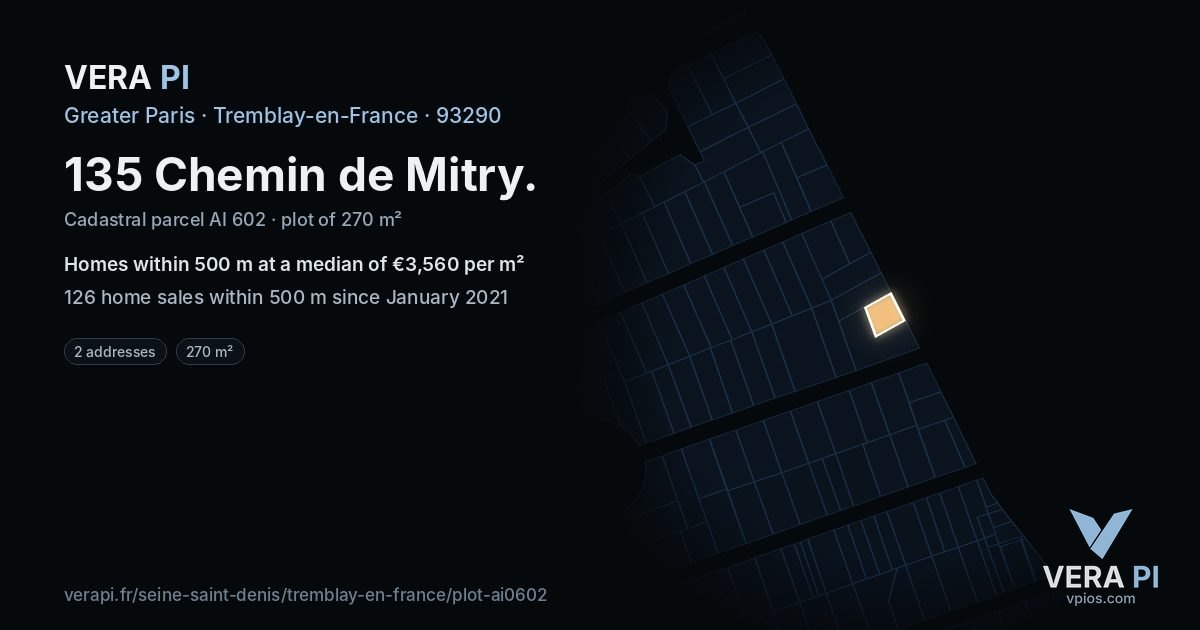 135 Chemin de Mitry, Tremblay-en-France at night – the plot lit, the parcels around coloured by the prices near them