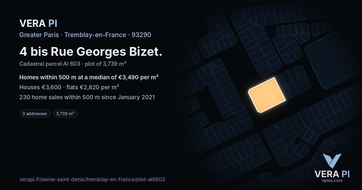 4 bis Rue Georges Bizet, Tremblay-en-France at night – the plot lit, the parcels around coloured by the prices near them