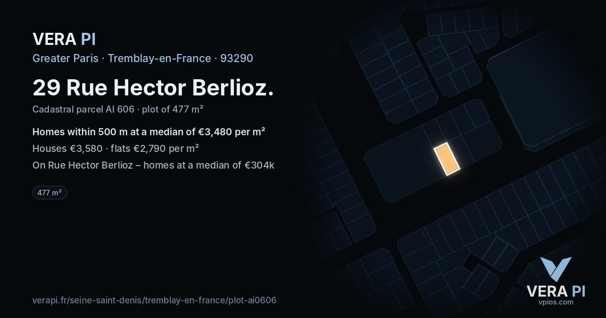 29 Rue Hector Berlioz, Tremblay-en-France at night – the plot lit, the parcels around coloured by the prices near them