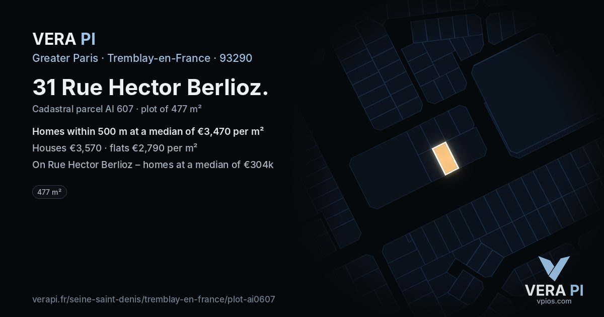 31 Rue Hector Berlioz, Tremblay-en-France at night – the plot lit, the parcels around coloured by the prices near them