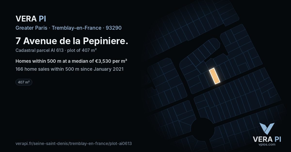 7 Avenue de la Pepiniere, Tremblay-en-France at night – the plot lit, the parcels around coloured by the prices near them