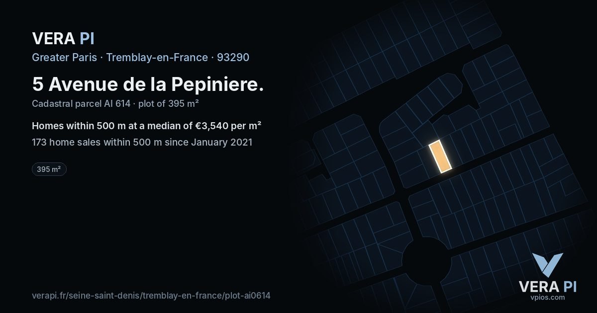 5 Avenue de la Pepiniere, Tremblay-en-France at night – the plot lit, the parcels around coloured by the prices near them