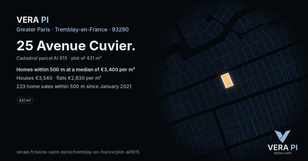 25 Avenue Cuvier, Tremblay-en-France at night – the plot lit, the parcels around coloured by the prices near them