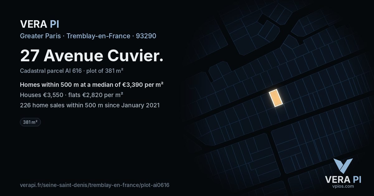 27 Avenue Cuvier, Tremblay-en-France at night – the plot lit, the parcels around coloured by the prices near them