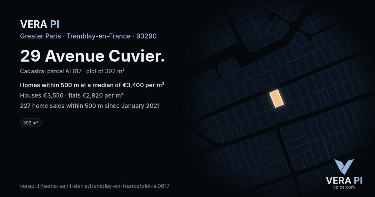 29 Avenue Cuvier, Tremblay-en-France at night – the plot lit, the parcels around coloured by the prices near them