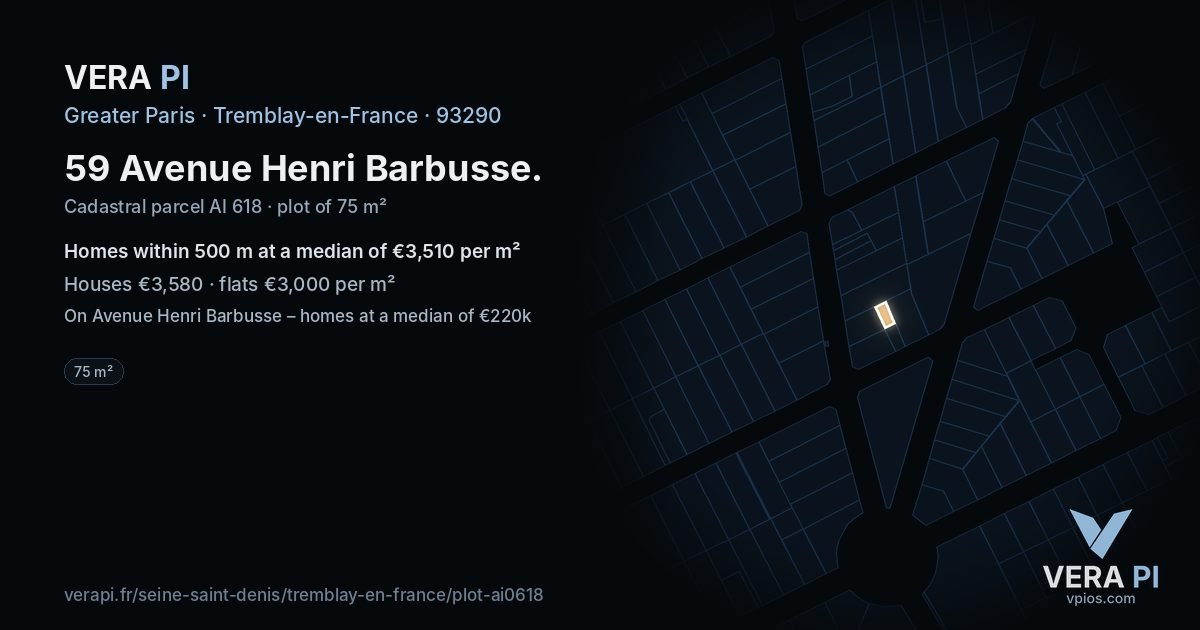 59 Avenue Henri Barbusse, Tremblay-en-France at night – the plot lit, the parcels around coloured by the prices near them