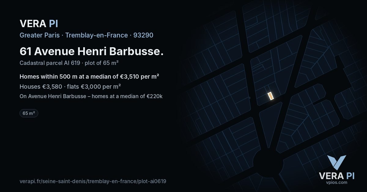 61 Avenue Henri Barbusse, Tremblay-en-France at night – the plot lit, the parcels around coloured by the prices near them