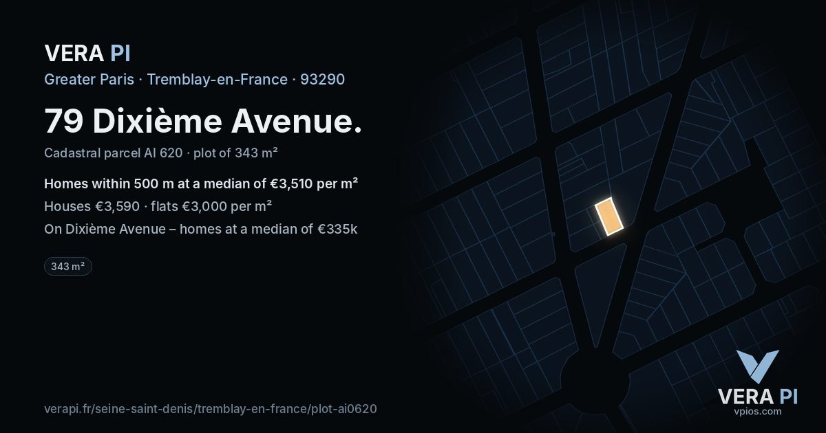 79 Dixième Avenue, Tremblay-en-France at night – the plot lit, the parcels around coloured by the prices near them