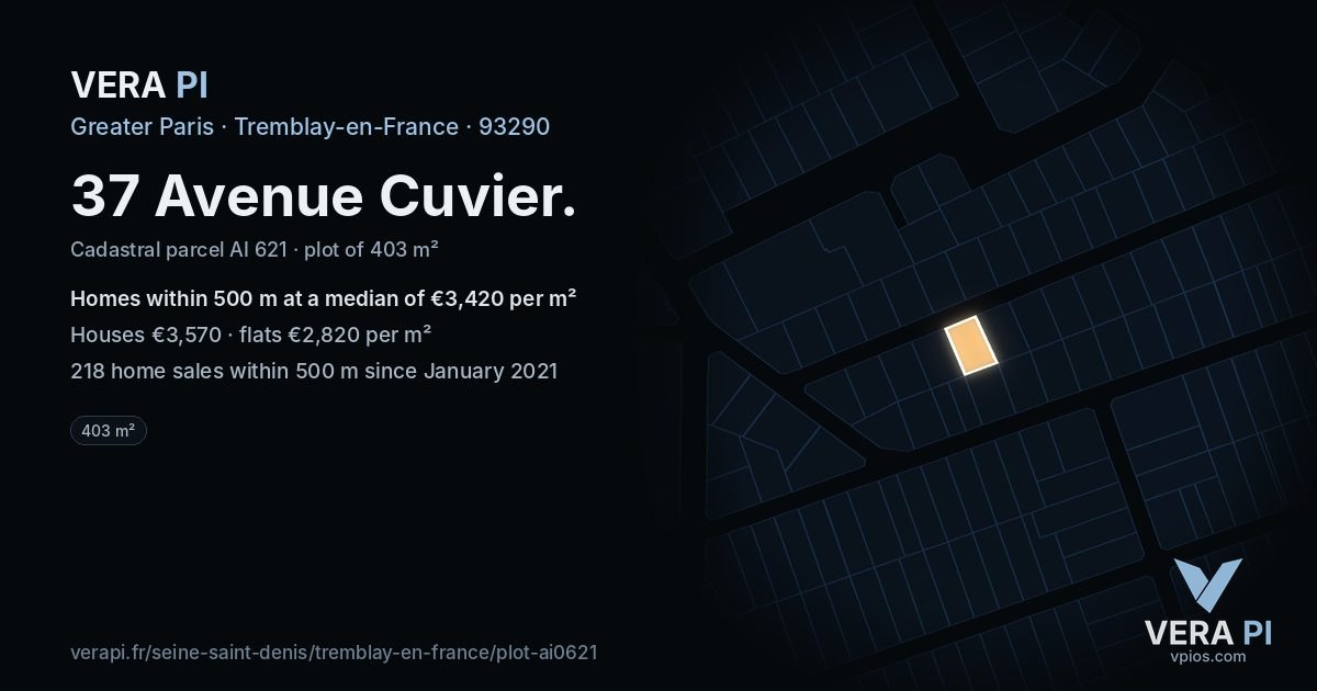 37 Avenue Cuvier, Tremblay-en-France at night – the plot lit, the parcels around coloured by the prices near them