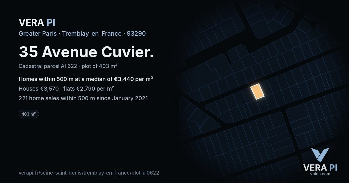 35 Avenue Cuvier, Tremblay-en-France at night – the plot lit, the parcels around coloured by the prices near them
