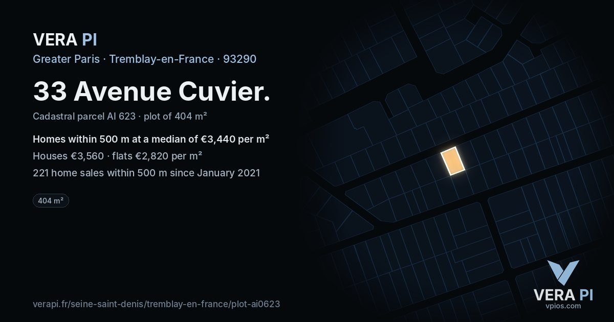 33 Avenue Cuvier, Tremblay-en-France at night – the plot lit, the parcels around coloured by the prices near them
