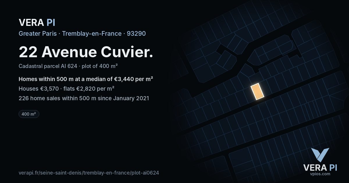 22 Avenue Cuvier, Tremblay-en-France at night – the plot lit, the parcels around coloured by the prices near them