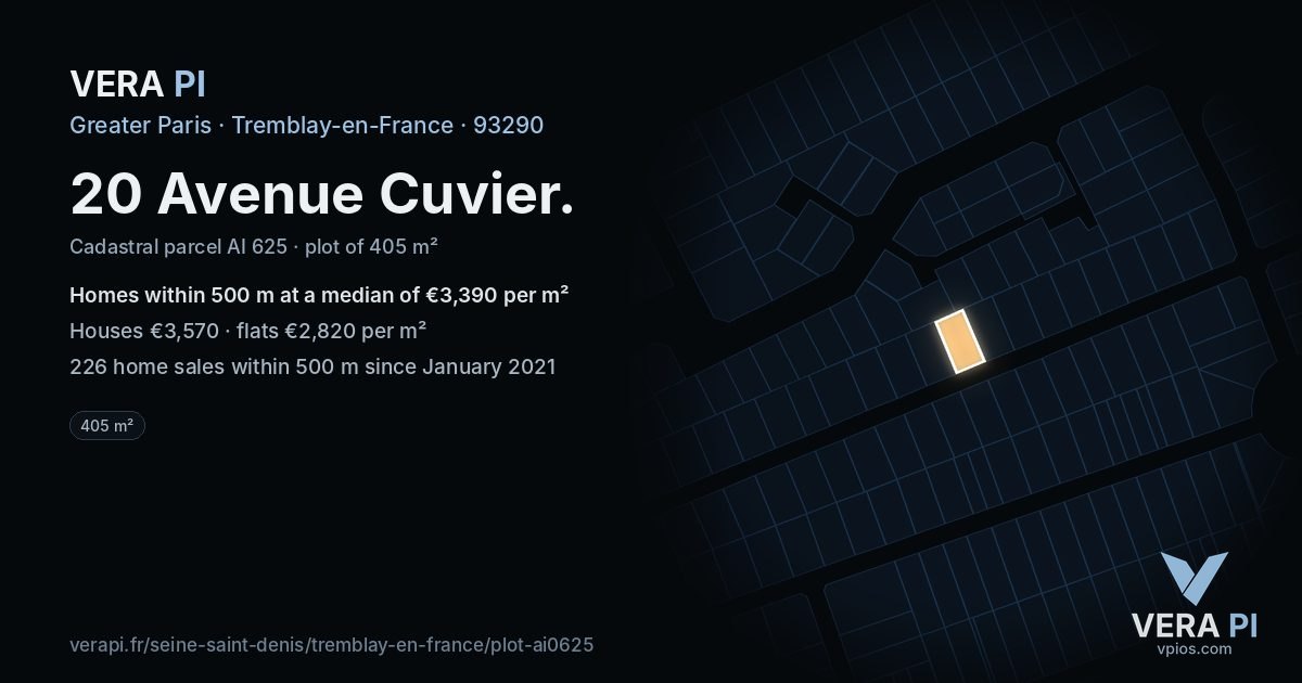 20 Avenue Cuvier, Tremblay-en-France at night – the plot lit, the parcels around coloured by the prices near them
