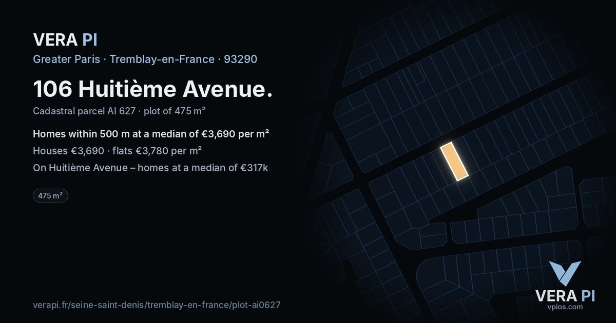 106 Huitième Avenue, Tremblay-en-France at night – the plot lit, the parcels around coloured by the prices near them