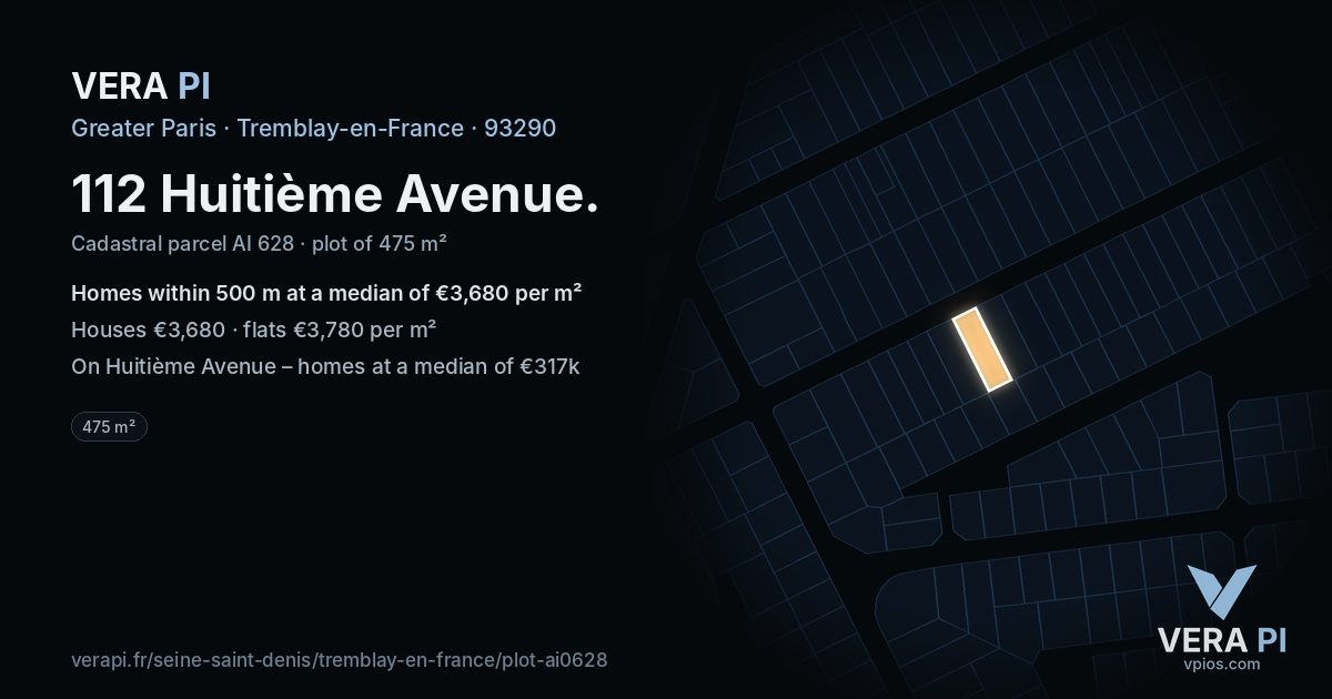 112 Huitième Avenue, Tremblay-en-France at night – the plot lit, the parcels around coloured by the prices near them