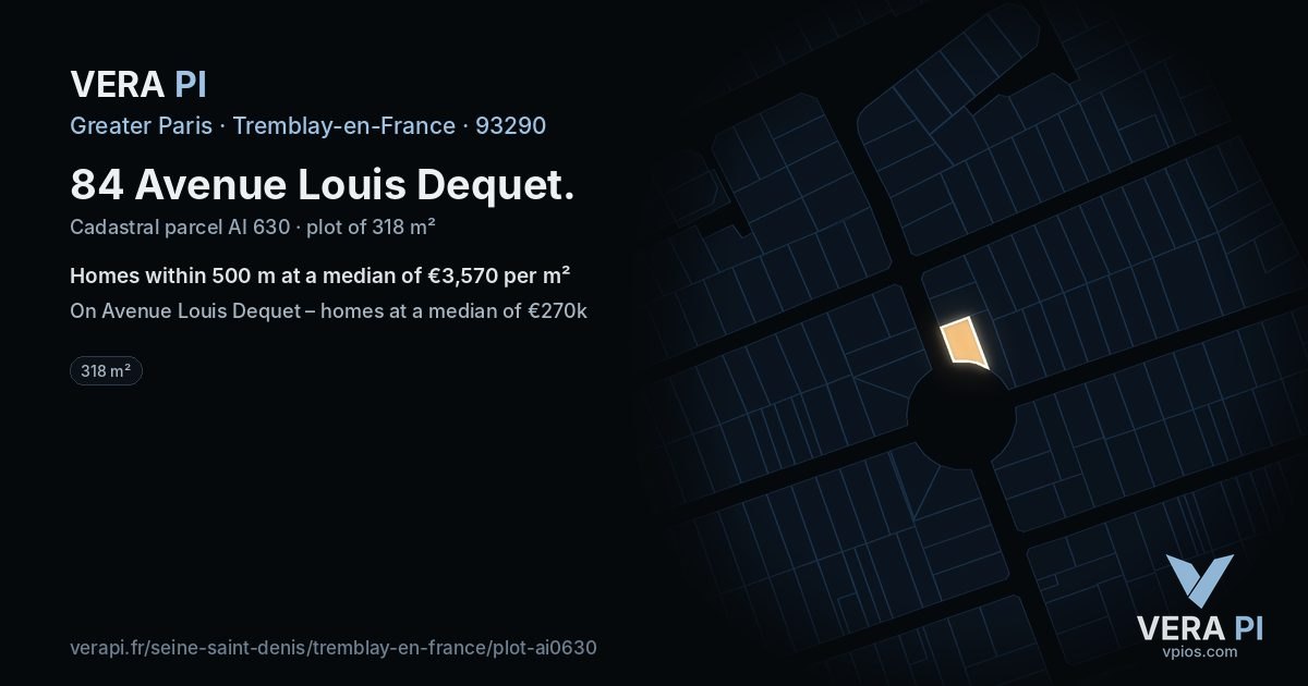 84 Avenue Louis Dequet, Tremblay-en-France at night – the plot lit, the parcels around coloured by the prices near them