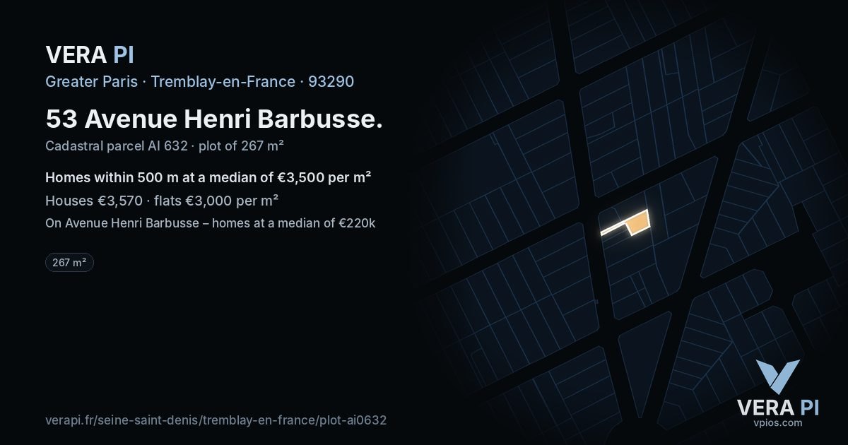 53 Avenue Henri Barbusse, Tremblay-en-France at night – the plot lit, the parcels around coloured by the prices near them