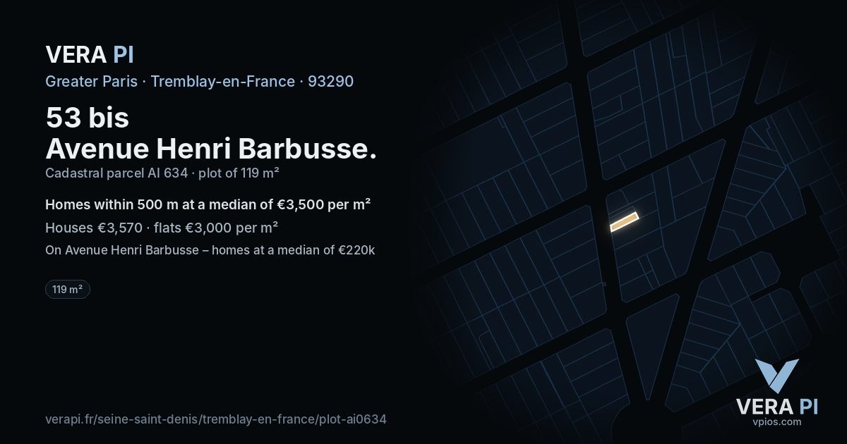 53 bis Avenue Henri Barbusse, Tremblay-en-France at night – the plot lit, the parcels around coloured by the prices near them