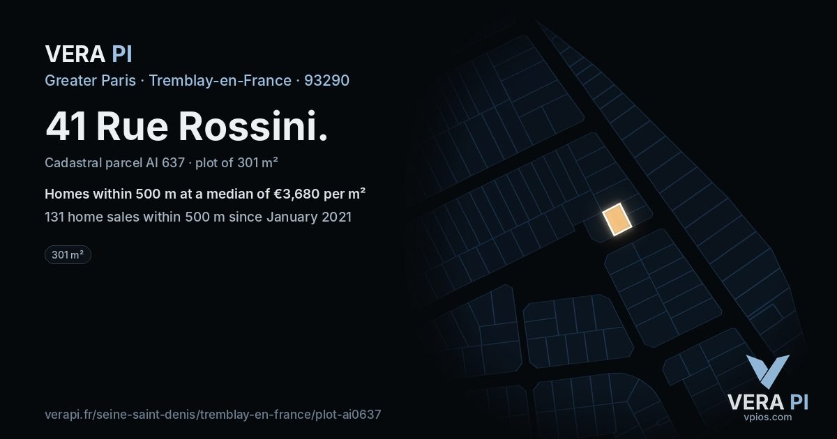 41 Rue Rossini, Tremblay-en-France at night – the plot lit, the parcels around coloured by the prices near them