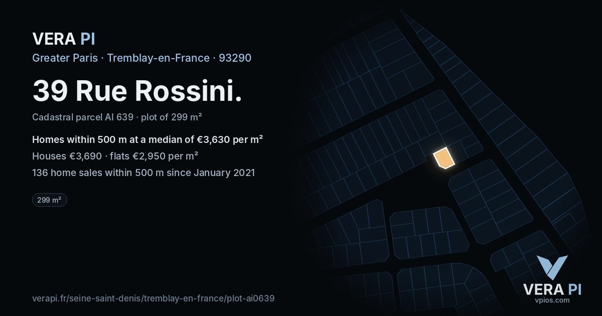 39 Rue Rossini, Tremblay-en-France at night – the plot lit, the parcels around coloured by the prices near them