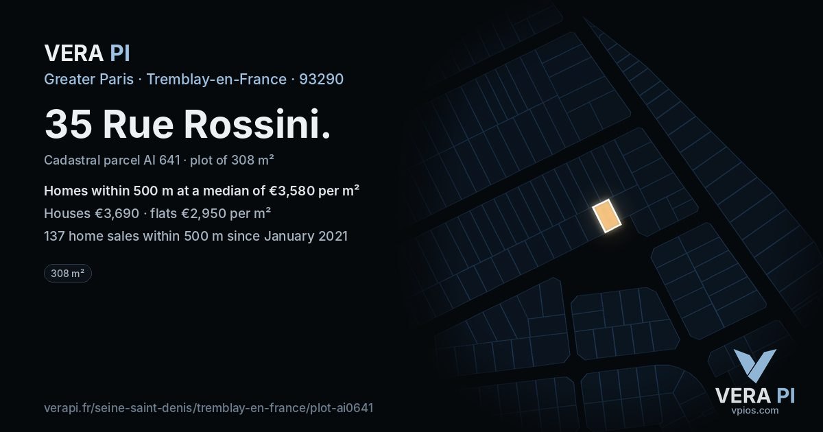 35 Rue Rossini, Tremblay-en-France at night – the plot lit, the parcels around coloured by the prices near them