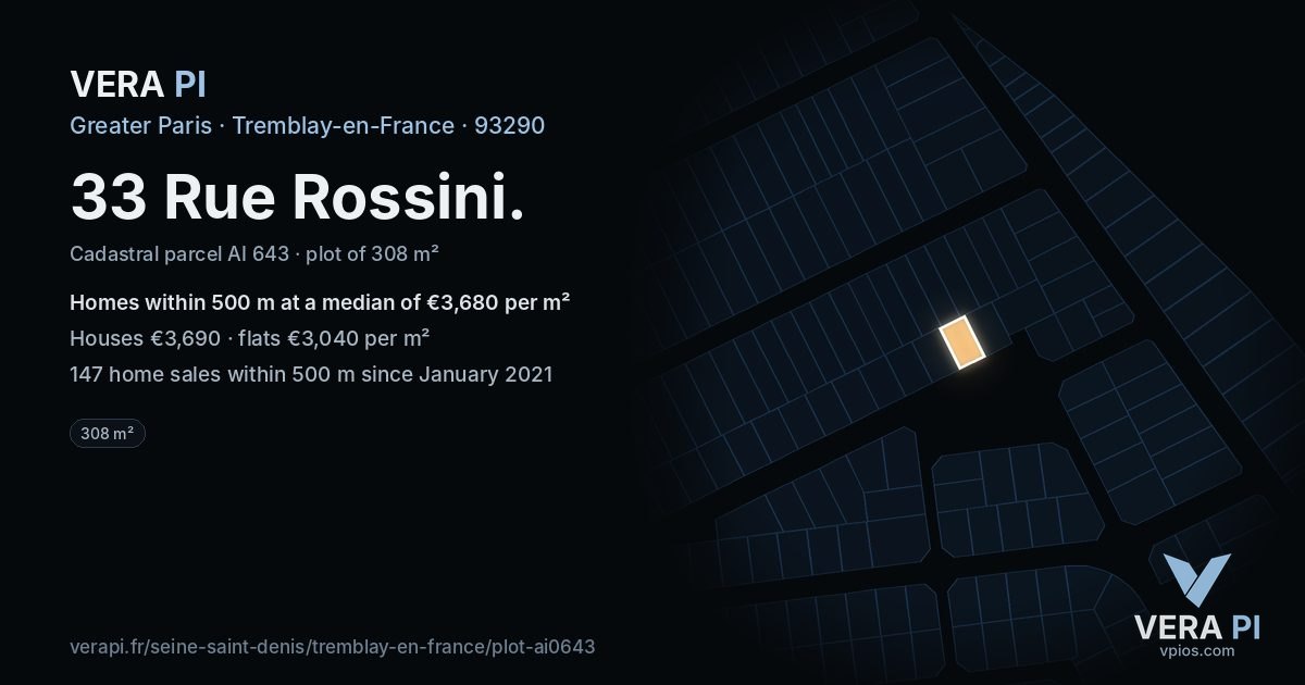 33 Rue Rossini, Tremblay-en-France at night – the plot lit, the parcels around coloured by the prices near them