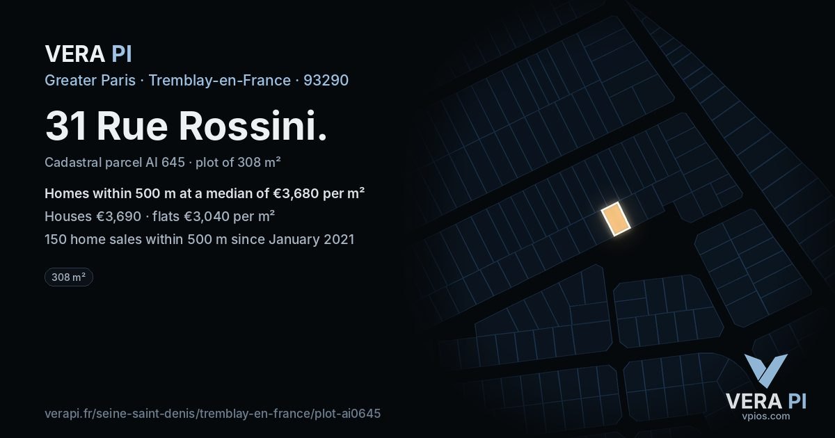 31 Rue Rossini, Tremblay-en-France at night – the plot lit, the parcels around coloured by the prices near them