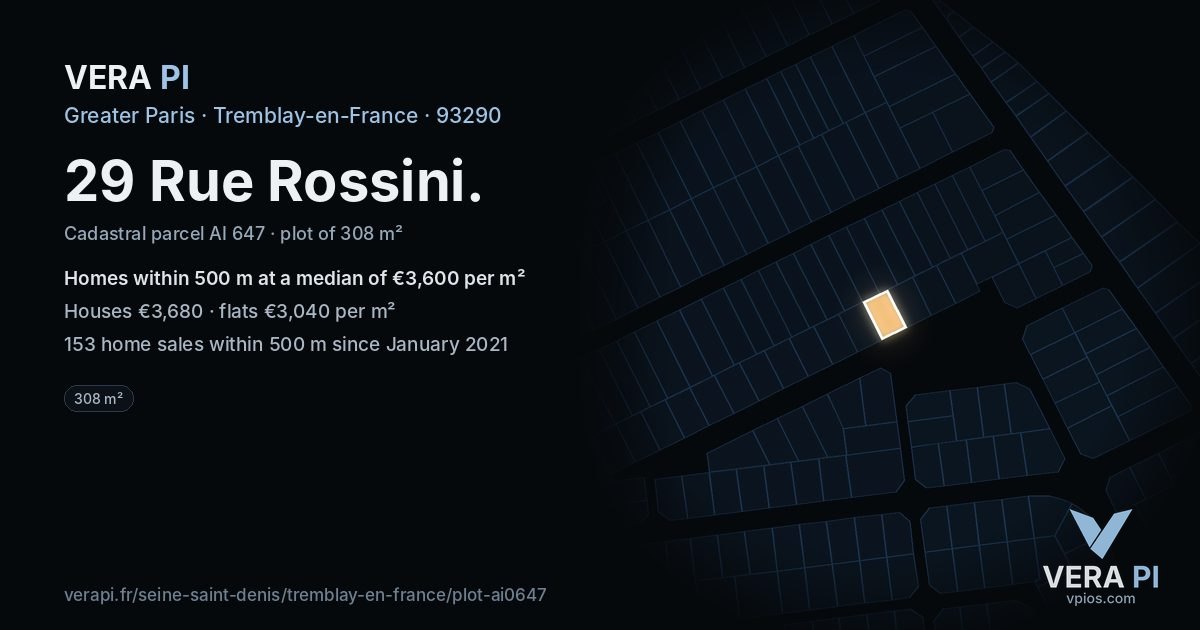 29 Rue Rossini, Tremblay-en-France at night – the plot lit, the parcels around coloured by the prices near them