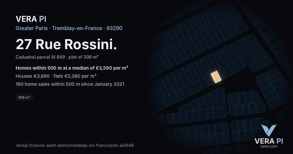 27 Rue Rossini, Tremblay-en-France at night – the plot lit, the parcels around coloured by the prices near them