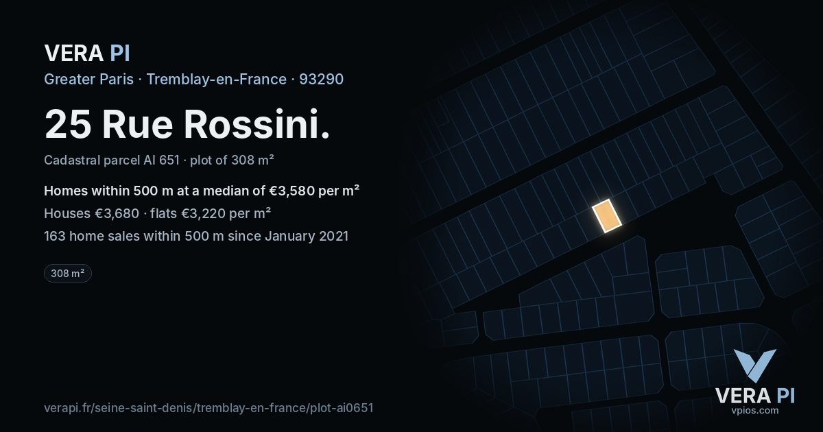 25 Rue Rossini, Tremblay-en-France at night – the plot lit, the parcels around coloured by the prices near them