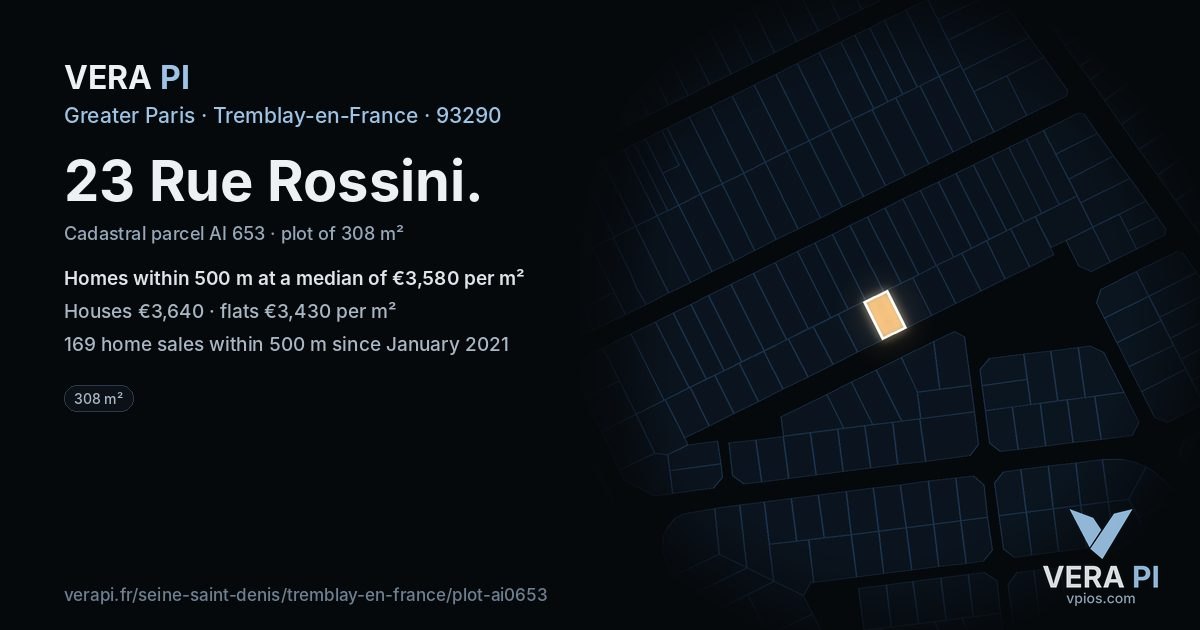 23 Rue Rossini, Tremblay-en-France at night – the plot lit, the parcels around coloured by the prices near them