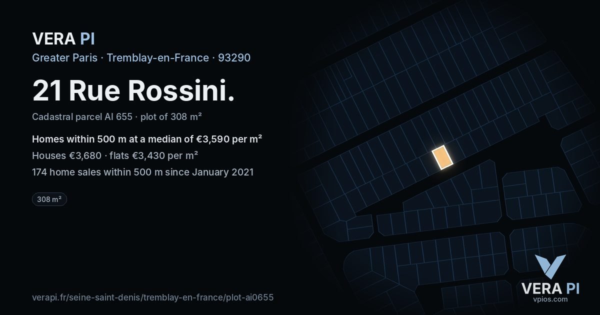 21 Rue Rossini, Tremblay-en-France at night – the plot lit, the parcels around coloured by the prices near them