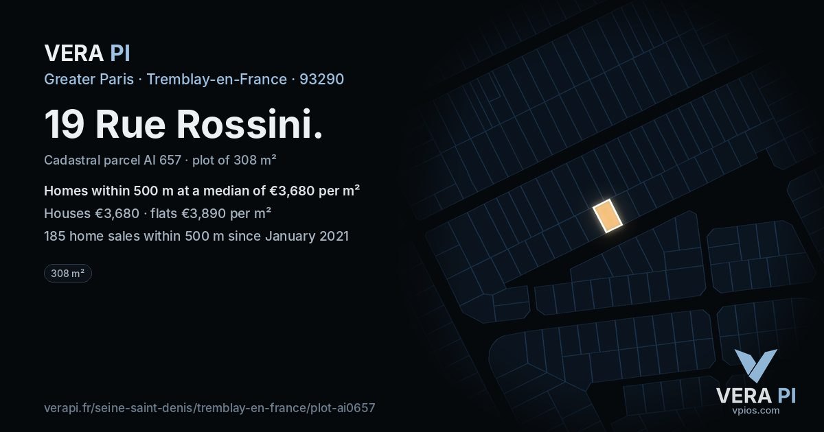 19 Rue Rossini, Tremblay-en-France at night – the plot lit, the parcels around coloured by the prices near them